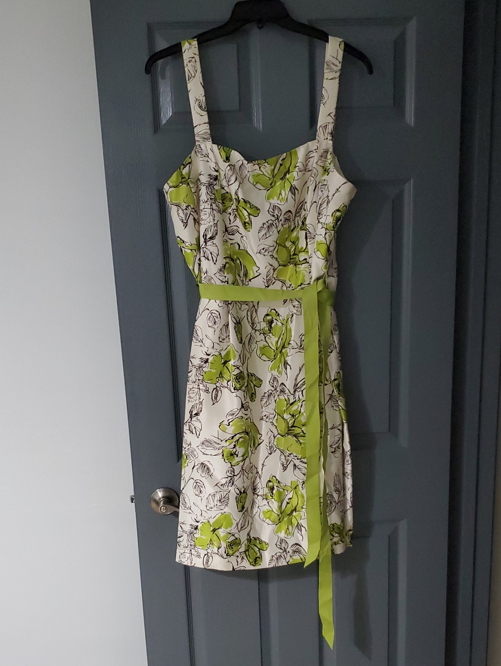 Jessica Howard White Midi Dress with Lime Green Floral Print and Green Waist Tie